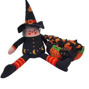 Vintage Fabric Halloween Basket Jack O Lantern & Black Cats 10" and Witch